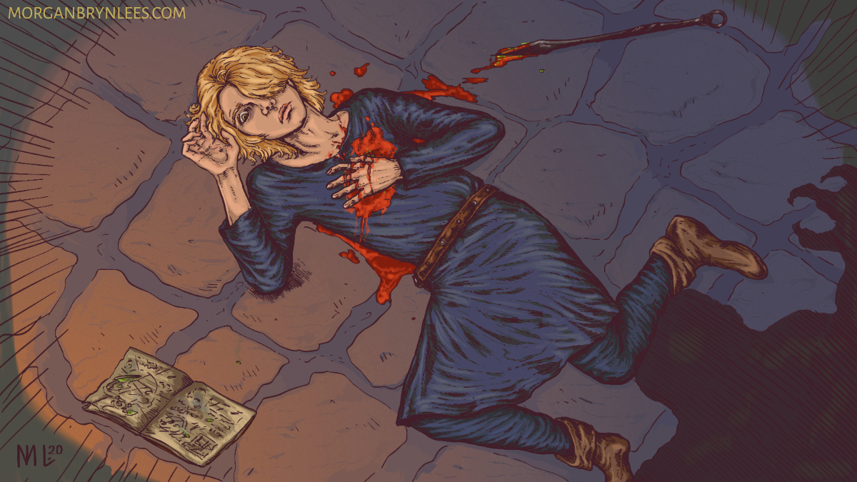 The Fire-Poker A light-skinned young man with neck-length blond hair wearing medieval clothing lies on a stone floor, having been recently stabbed in the heart with the fire poker lying to his side.