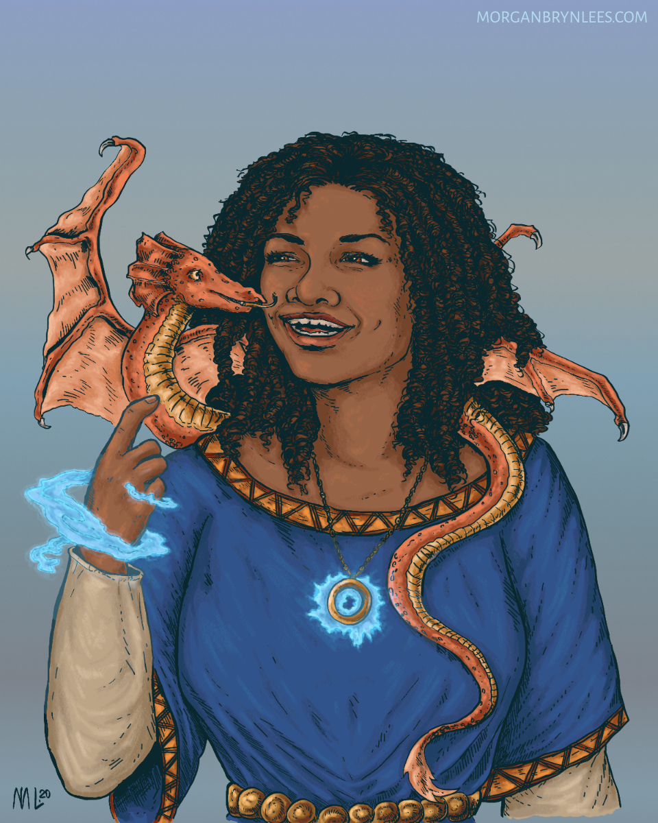Merrym A brown skinned woman with long curly black hair and a little dragon on her shoulder, using light blue glowy magic.