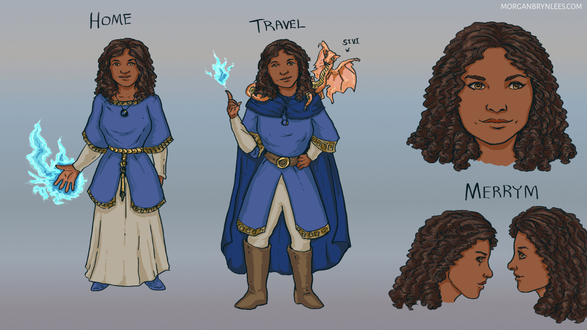 Pyre Reference Sheet: Merrym Facial turnaround and poses of a woman with long curly black hair, brown skin, and light brown eyes. In one pose she has a tunic and a dress and blue magic in one hand, in the other a tunic and cloak and a small coppery dragon on her shoulders.
