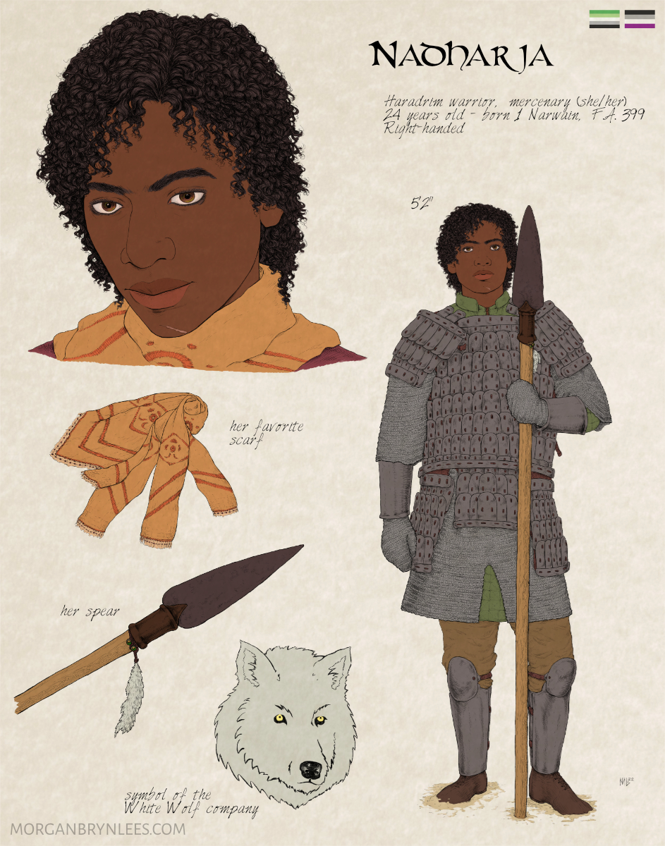 MERP Reference Sheet: Nadharja A dark brown-skinned woman with short, curly black hair and brown eyes is depicted wearing metal lamellar armor and holding a spear. Details include a yellow scarf with orange designs, her obsidian spear, and a wolf's head device.