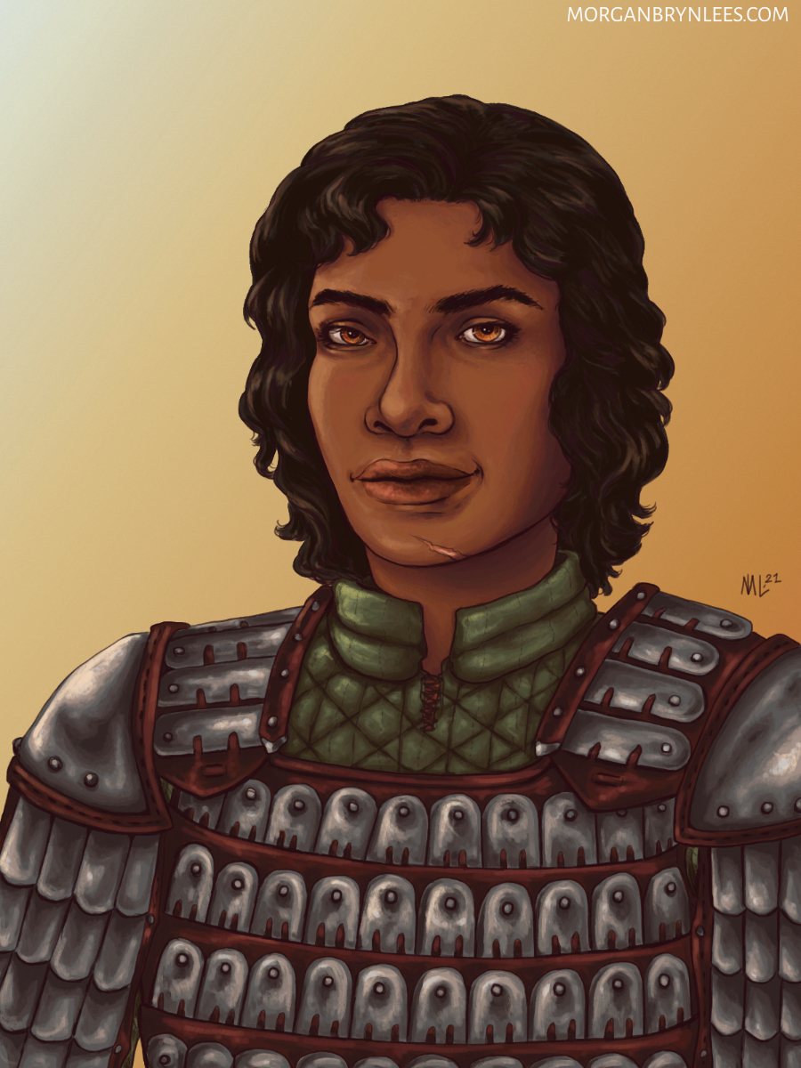 Portrait: Nadharja A portrait of a brown-skinned woman with short black hair and brown eyes wearing lamellar armor.