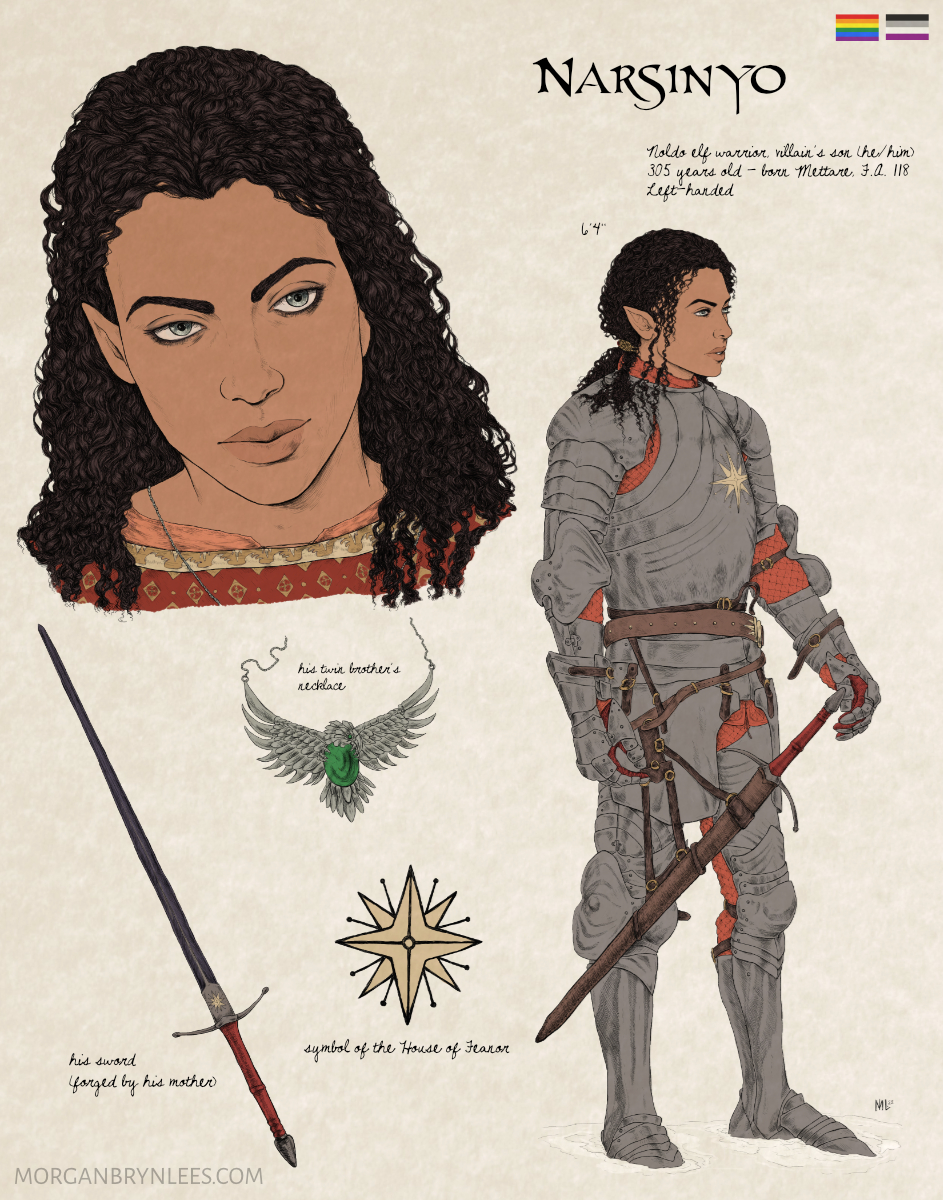 MERP Reference Sheet: Narsinyo A light brown-skinned elf with long curly black hair and grey eyes is depicted wearing plate mail over red padding. Highlighted are a silver eagle necklace set with an emerald, his long black sword, and the device of the House of Feanor.