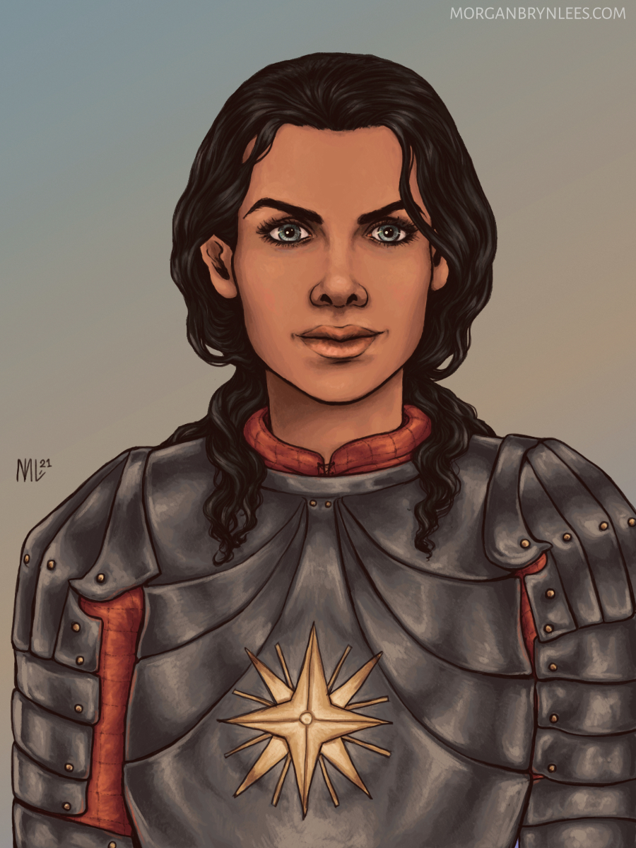Portrait: Narsinyo A portrait of a light brown-skinned elf with long black haired tied back and grey eyes wearing plate armor.