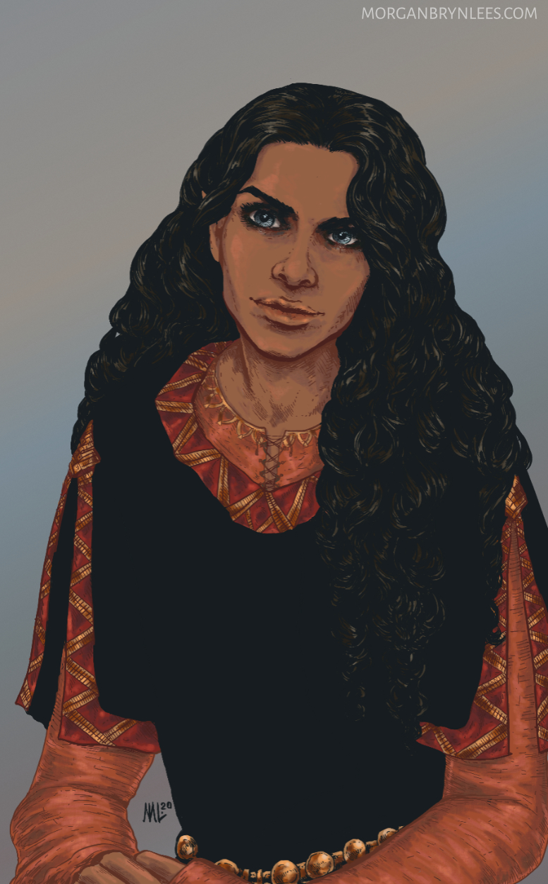Naryo A light brown-skinned elf with long curly black hair and grey eyes wearing fancy clothing.