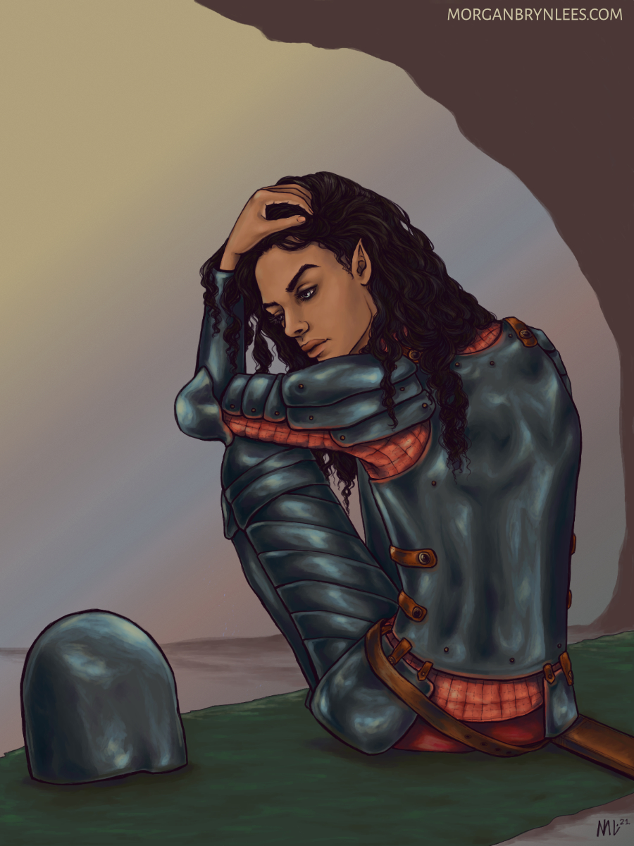 Narsinyo Underground A light brown-skinned elf with long curly black hair and grey eyes wearing plate armor and kneeling next to a bedroll looking upset.