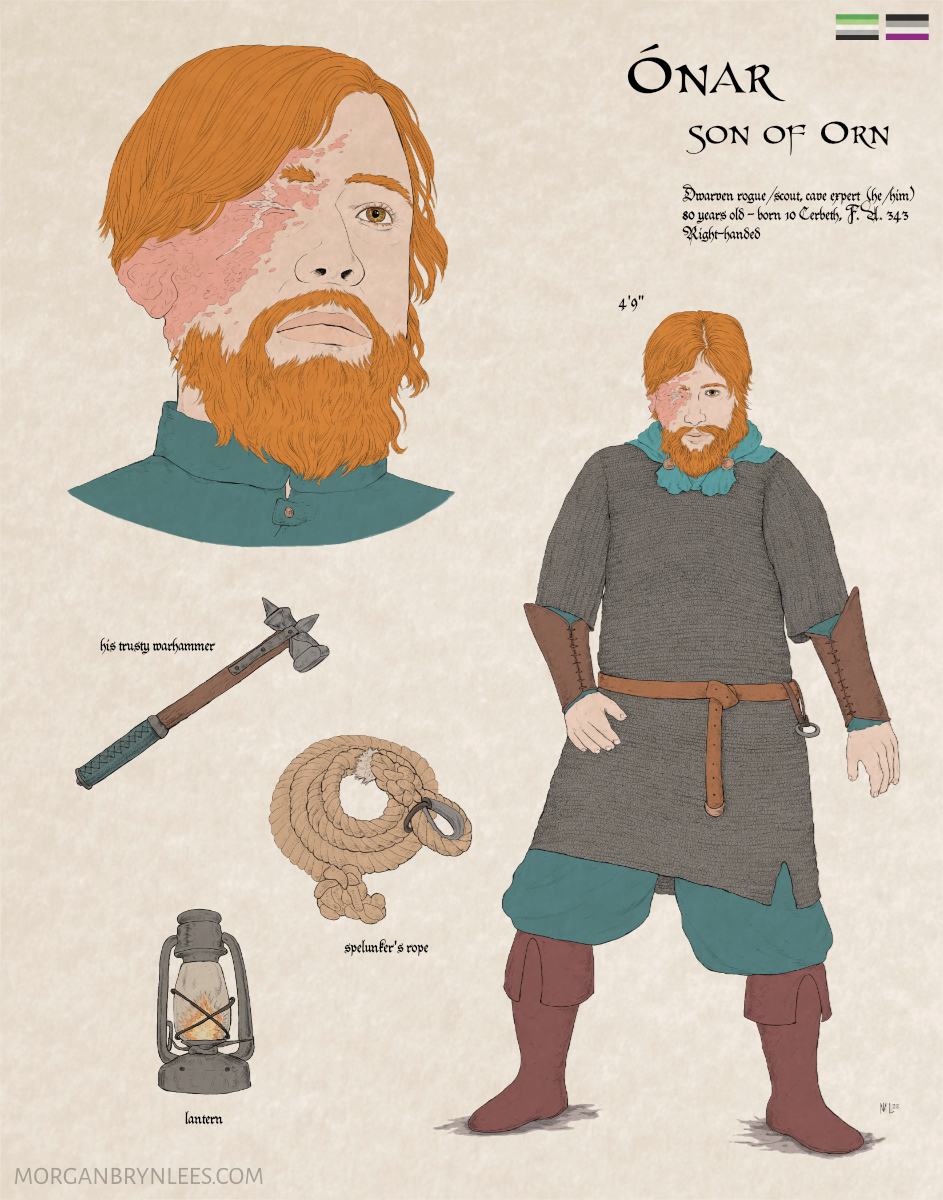 MERP Reference Sheet: Onar A pale-skinned, red haired dwarven man with blue eyes and a burn scar covering the left half of his face is depicted wearing chainmail and a blue hood. Highlighted also are his warhammer, a lantern, and a spelunker's rope.