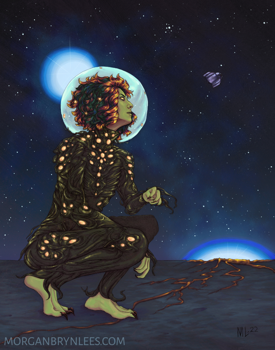 Planetside A green-skinned person in a complicated sci-fi suit with reddish-tipped black hair crouching on the surface of a planet against a starry background.