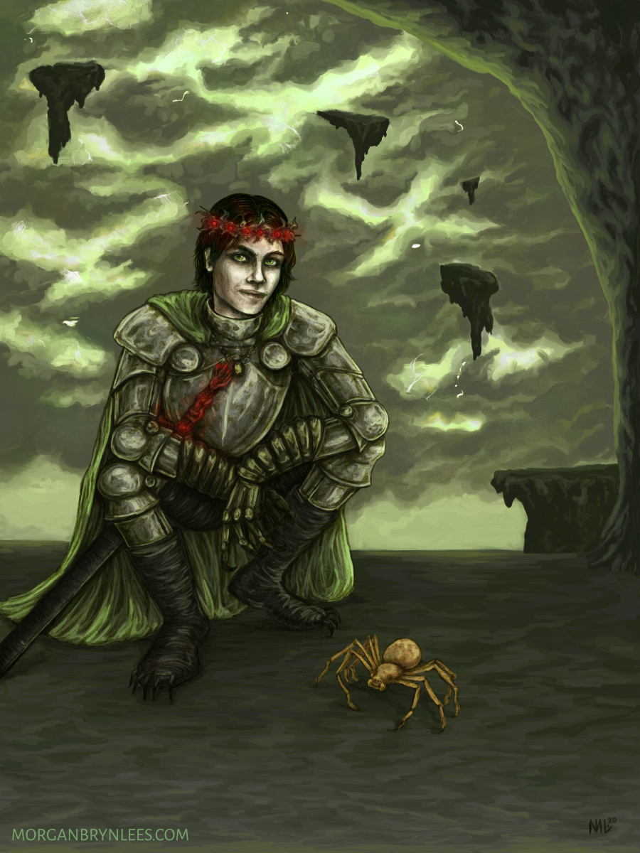 Prince of Carceri A pale-skinned man with shoulder-length black hair confined with a red-glowing circlet and green eyes wearing black armor kneels next to a six-eyed sand spider.