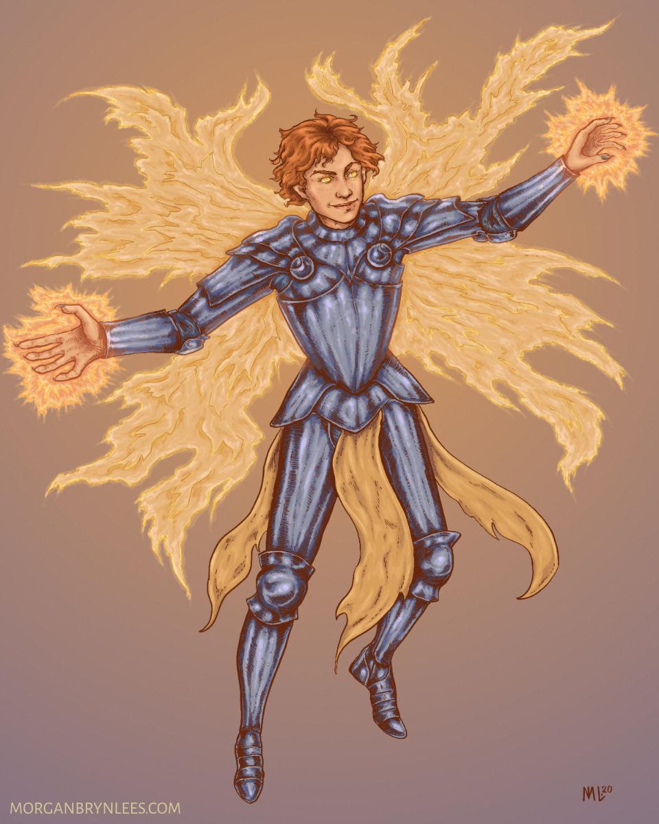 Pyre A light-skinned freckled person with short orange hair and glowing gold eyes wearing plate armor and with glowing gold wings.