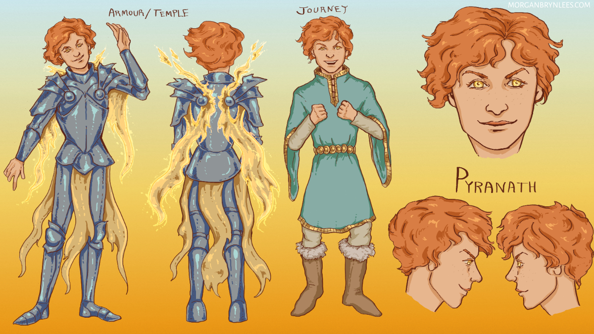 Pyre Reference Sheet: Pyre Facial turnaround and poses of a person with short red hair, pale skin, freckles, and gold eyes. Two of the poses have them in armor and with glowing wings; the third has them in a long tunic and boots.