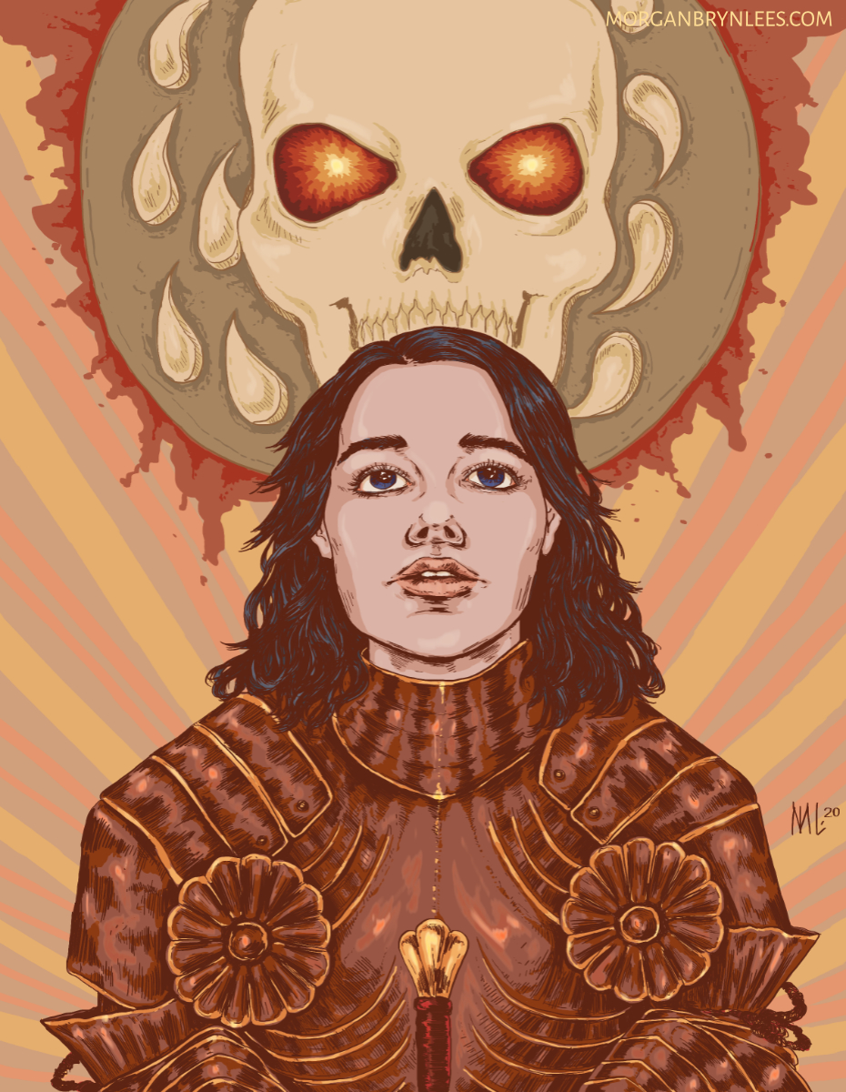 Radiant Art A light-skinned woman with shoulder-length black hair and blue eyes looks up, she is wearing reddish plate armor and holding a sword, in the background is the symbol of Bhaal, Lord of Murder.