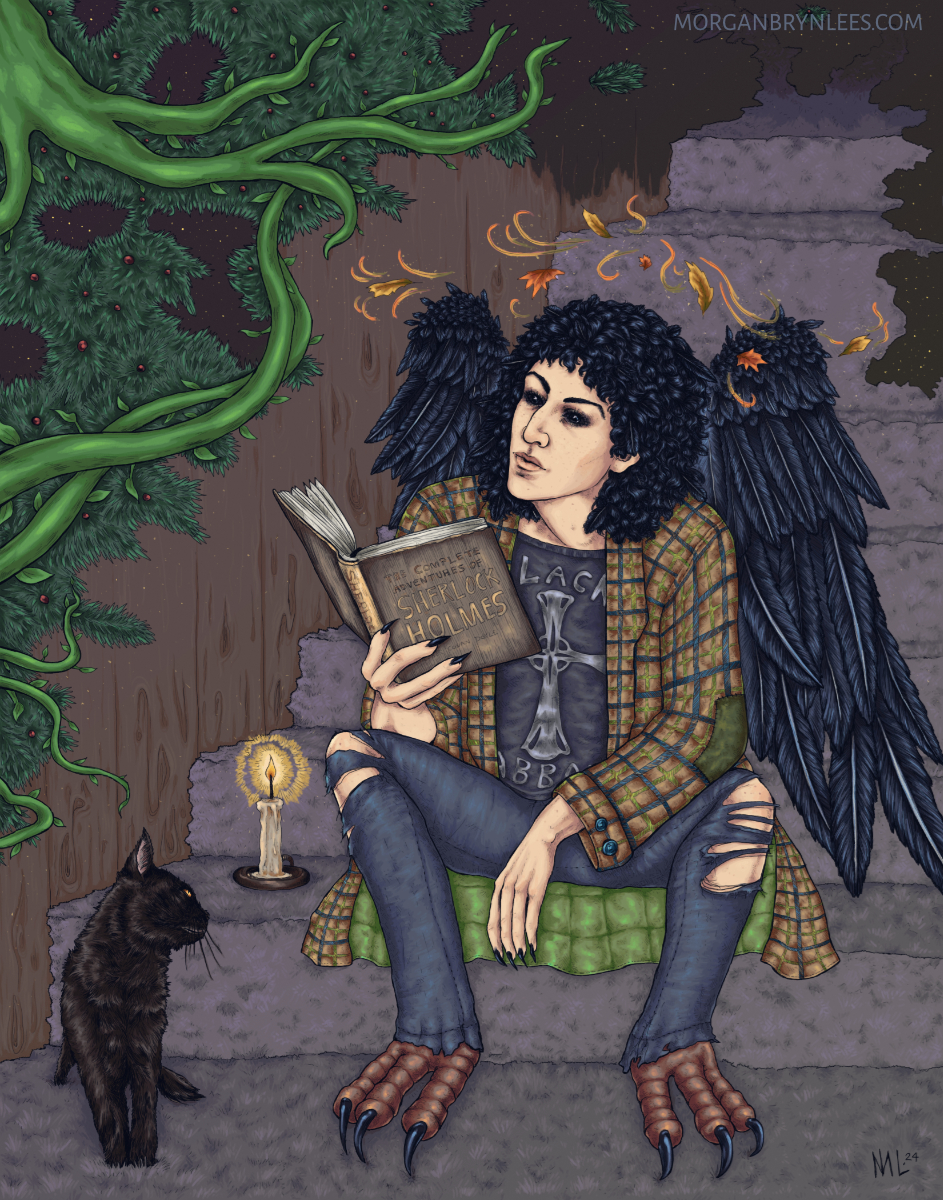 Raven the Detective A pale skinned person with feathery black hair, black eyes, and black wings sits on steps holding a book near a black cat. There are vines in the background.