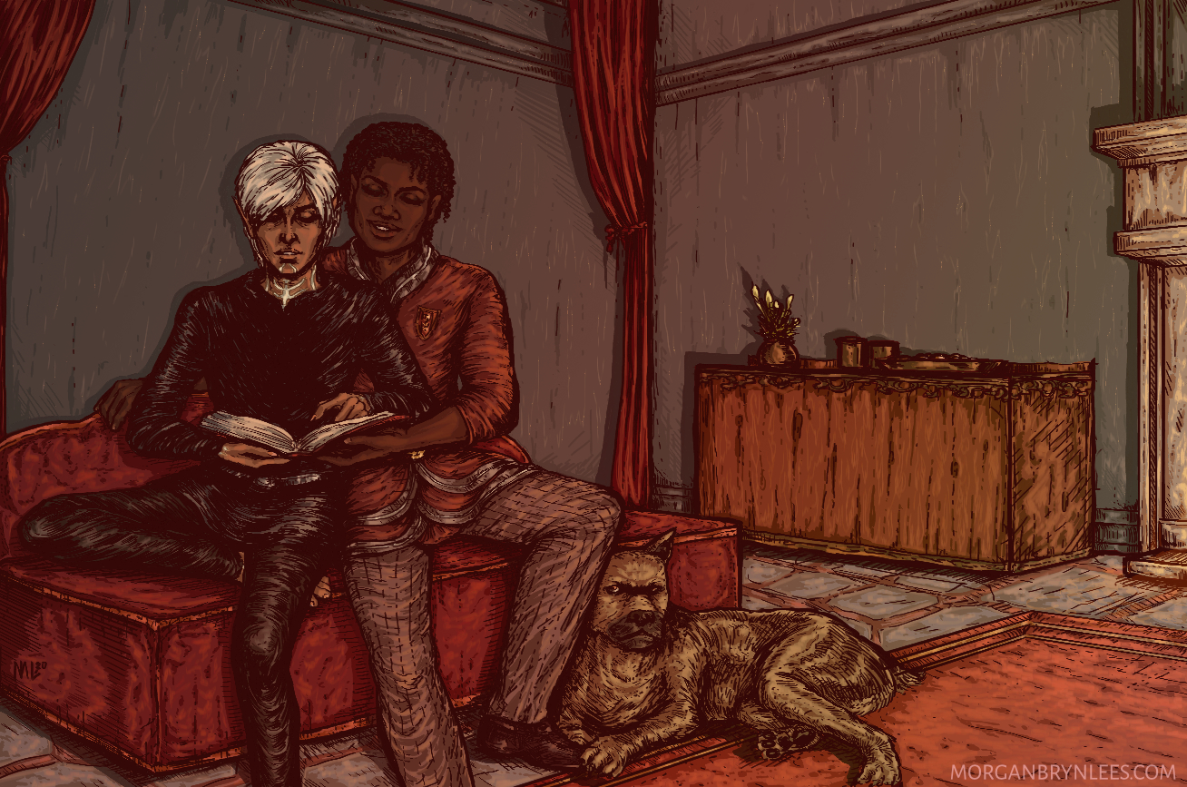 Reading Lesson Thanatos teaching Fenris how to read with his dog nearby.