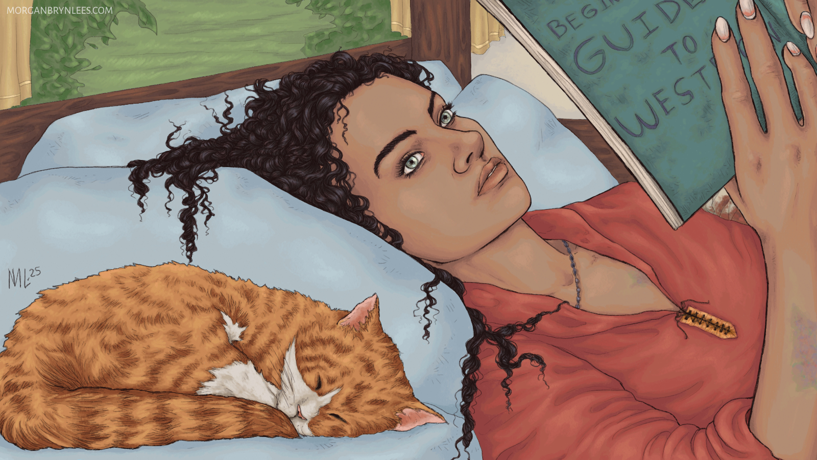 Retreat A light brown-skinned elf with long curly black hair and grey eyes lies in bed reading, accompanied by a orange cat.