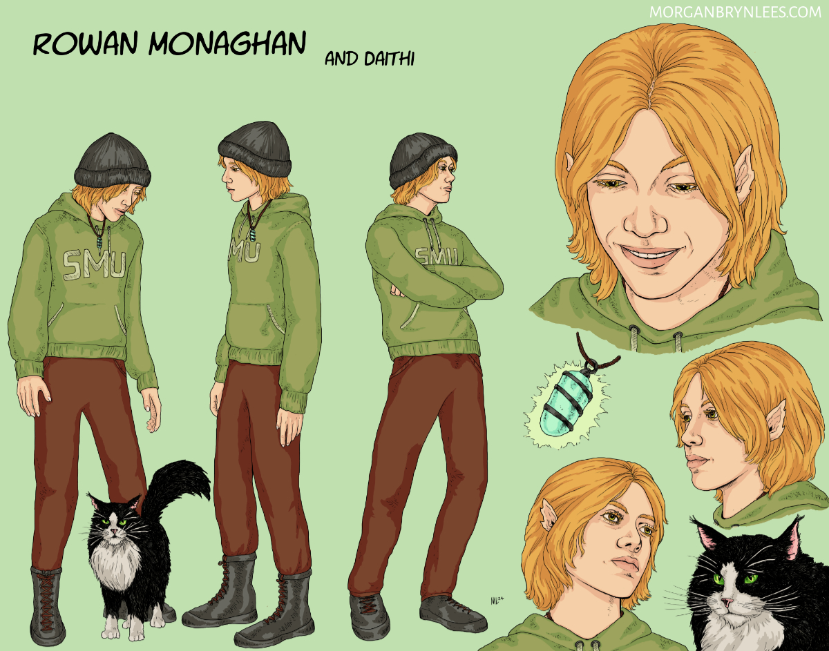 Verdant Shadows Reference Sheet: Rowan Facial turnaround and poses of a light-skinned person with blond hair and green eyes. They are wearing a green sweatshirt, brown pants, and a grey beanie. This also features a large black and-white cat and a glowing pendant.