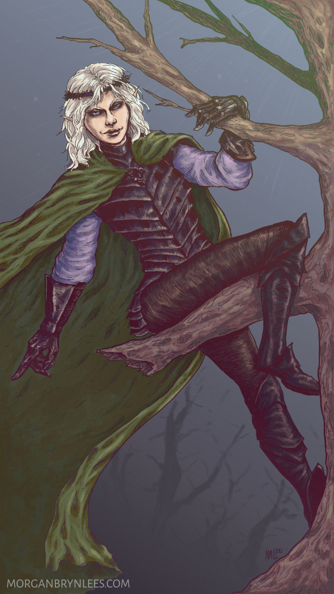 Saibh A pale-skinned woman with white hair and black eyes climbing a tree.