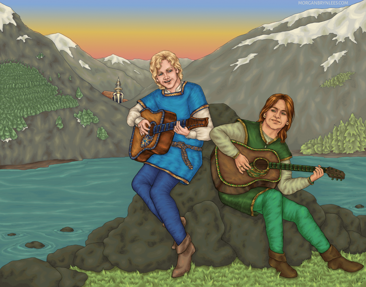 End of the Elder Gods: Segri and Ansgar Two happy men sitting on rocks in front of an alpine lake play guitars, the one on the left has shorter blond hair, the one on the right longer brown hair.