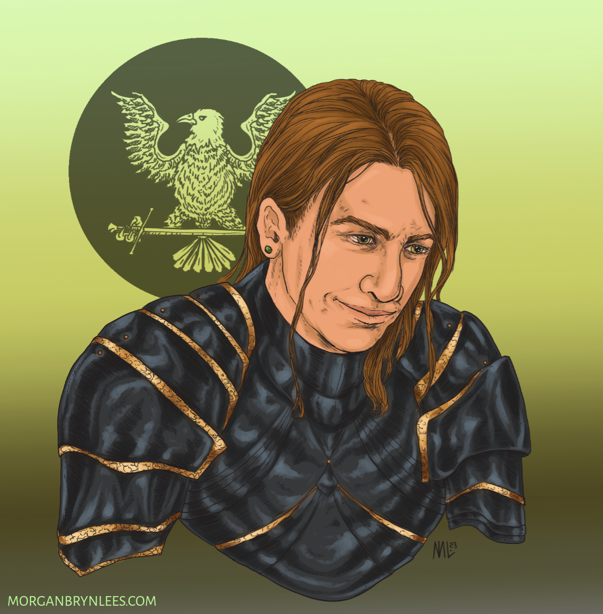 Leader Portrait: Segrinarix Portrait of a tan-skinned man with long straight light brown hair and green-gold eyes wearing plate armor.