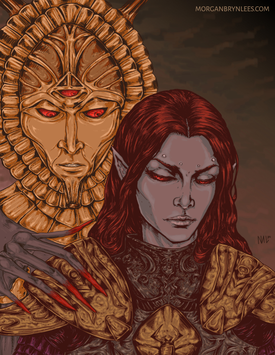 Tall Stranger A dark elf with long red hair wearing Redoran style armor looking down as Dagoth Ur lurks behind him, tempting.
