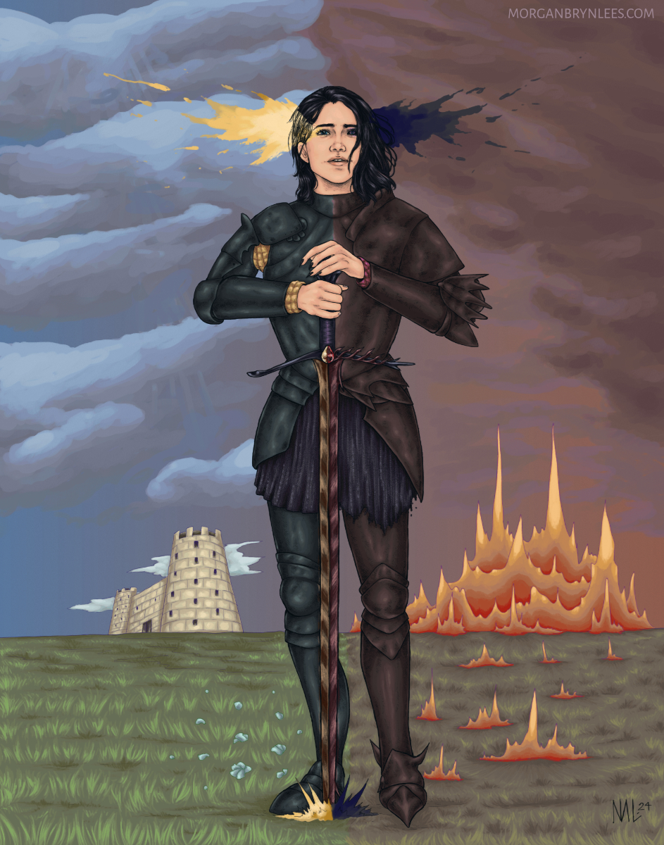 End of the Elder Gods: Taneth An armored woman with pale skin, dark blue eyes, and black hair stands in front of a divided scene that's half peaceful and half stormy, her left eye glows gold and her right sheds black shadow.