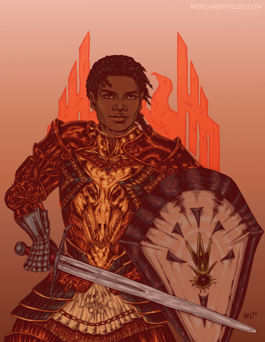 Champion of Kirkwall A dark brown-skinned man with braided curly black hair and brown eyes wearing red plate armor and holding a sword and shield, with the symbol of Kirkwall in the background.
