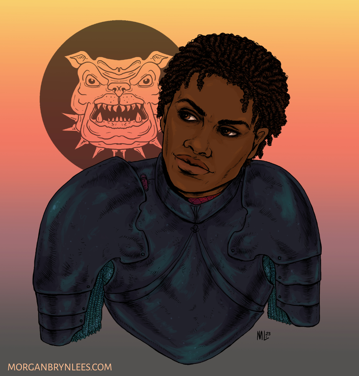 Leader Portrait: Thanatos Hawke Portrait of a dark brown-skinned man with braided curly black hair and brown eyes wearing plate armor.