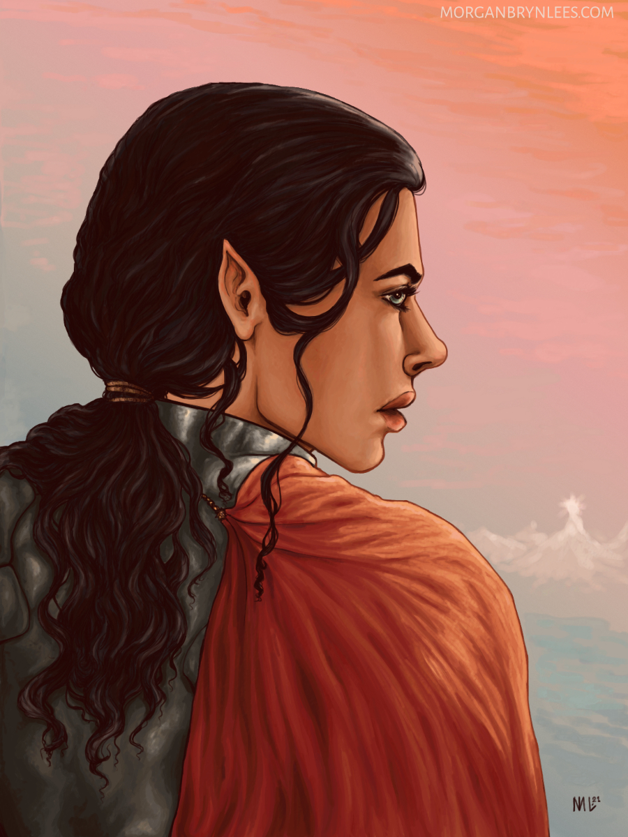 Turn Away A light brown-skinned elf with long black hair and grey eyes looking over his shoulder.