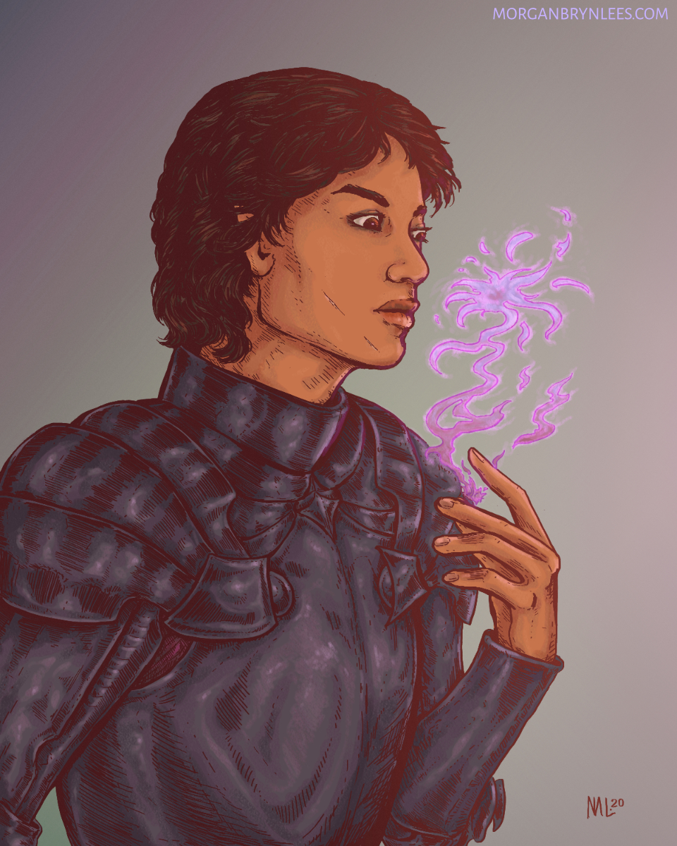 Vallis A medium skinned person with short black hair wearing plate armor and using glowy violet magic.