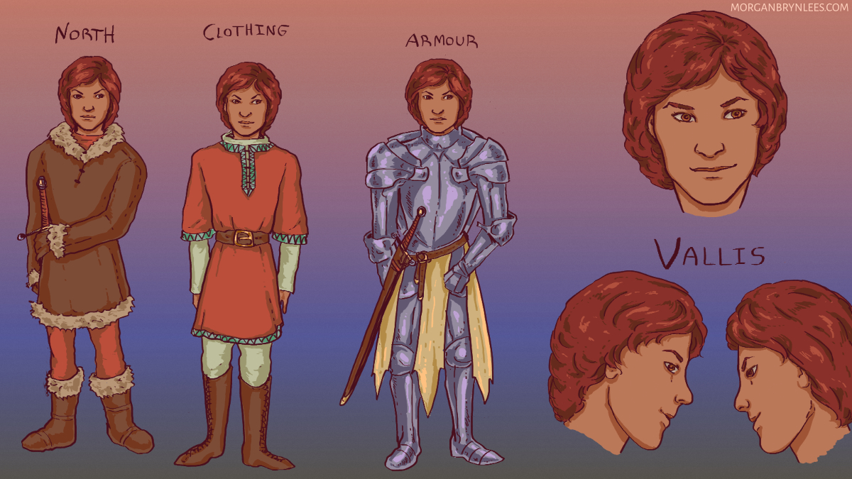 Pyre Reference Sheet: Vallis Facial turnaround and poses of a person with medium length reddish hair, medium skin, and brown eyes. One pose has them in a thick coat and boots, the next in a tunic and boots, and the third in plate armor.