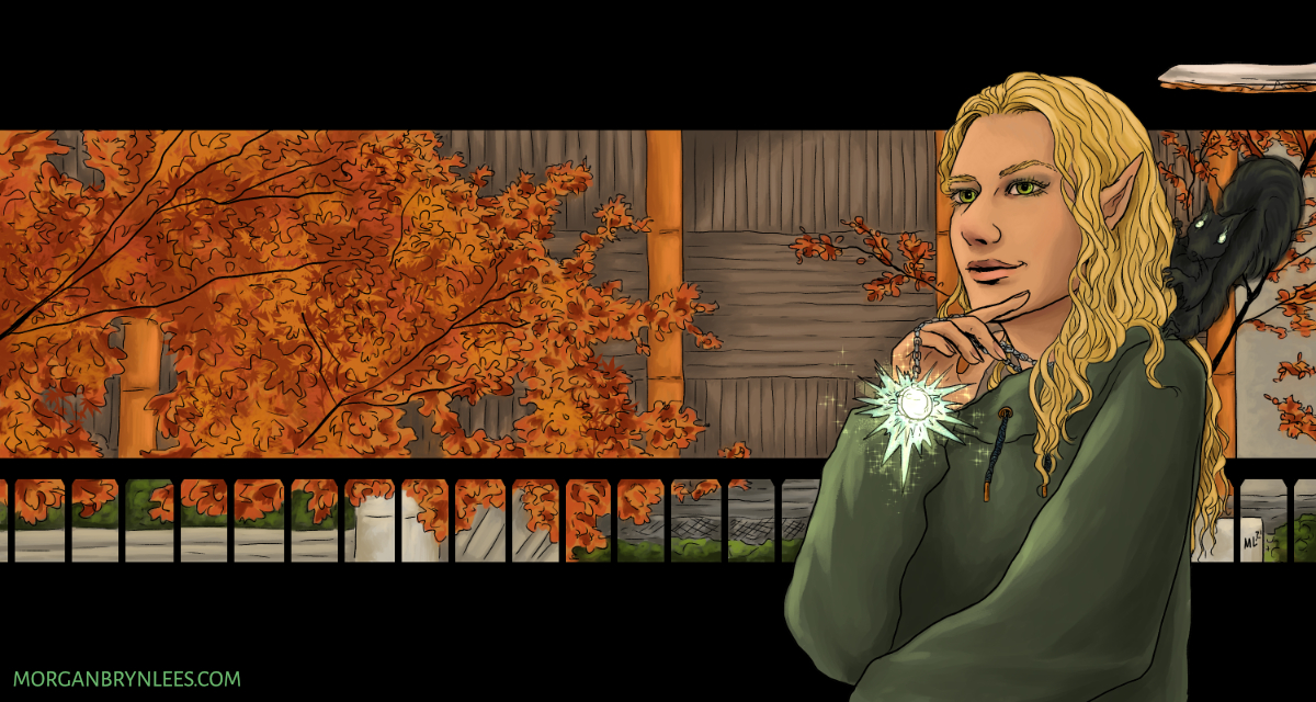 Verdant Shadows A light-skinned person with long blond hair and green eyes wearing a sweatshirt standing against a window against the city in the autumn.