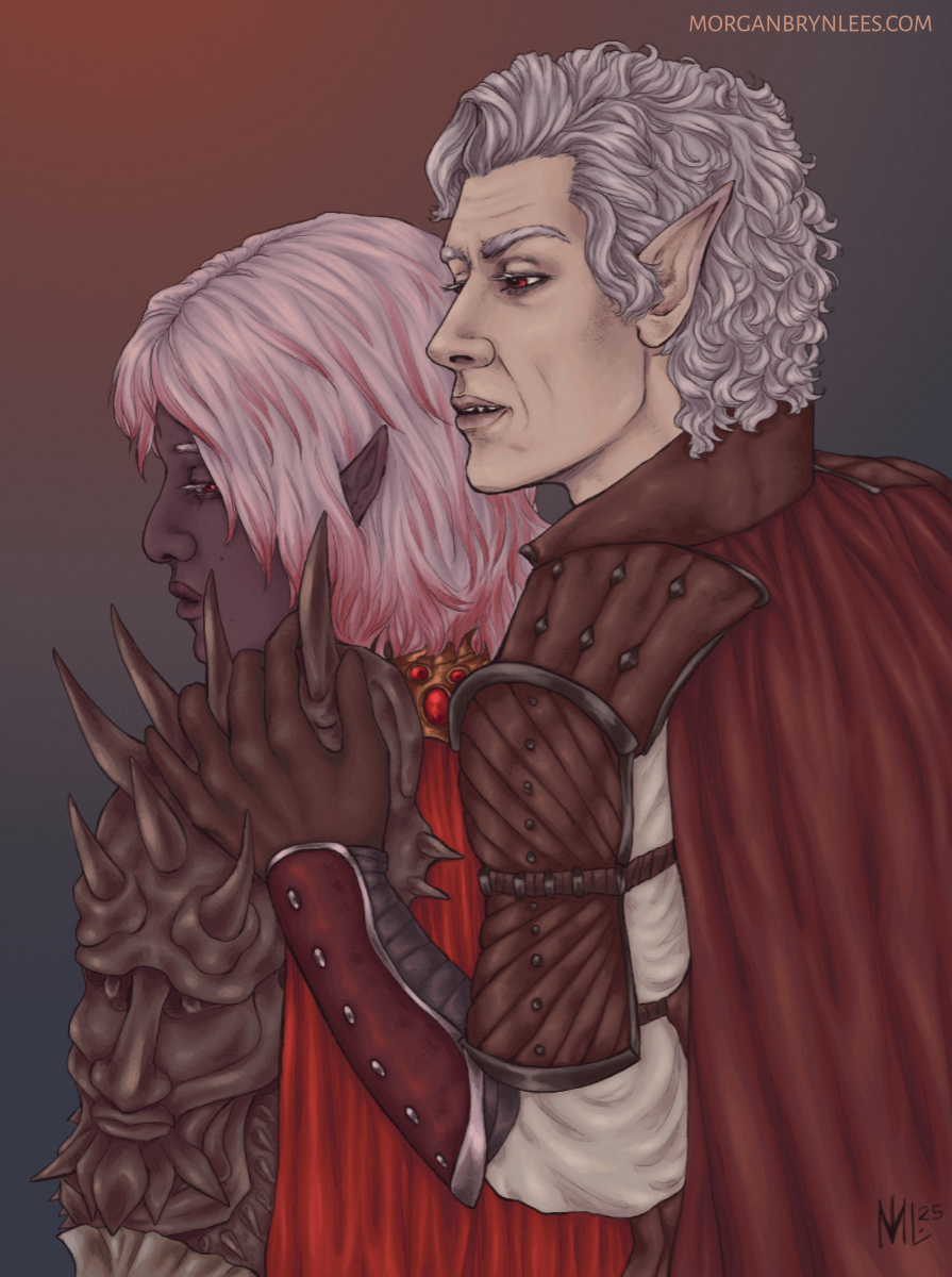 Vethryn and Astarion A dark elf with purple-grey skin, ruby red eyes, and pink-tinged short hair in demonic armor and red cloak stands with another elf - Astarion, with pale skin, red eyes, and short white hair in leather - behind him putting a hand on his shoulder and whispering in his ear.