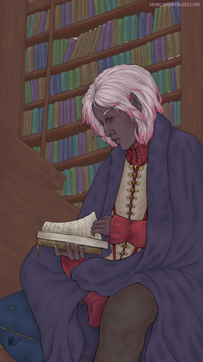 Vethryn in Candlekeep A dark elf with pink-tipped white hair sits reading a book, draped in a blanket, in a library with tall shelves.