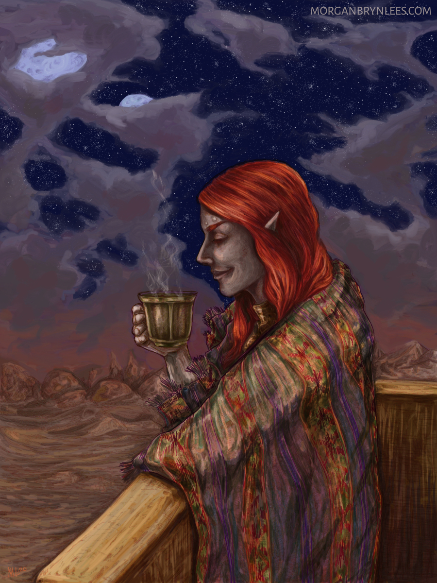 Vivikyr in Ald'ruhn A dark elf with long red hair wearing robes and holding a steaming mug looking down and smiling on a balcony in the desert.