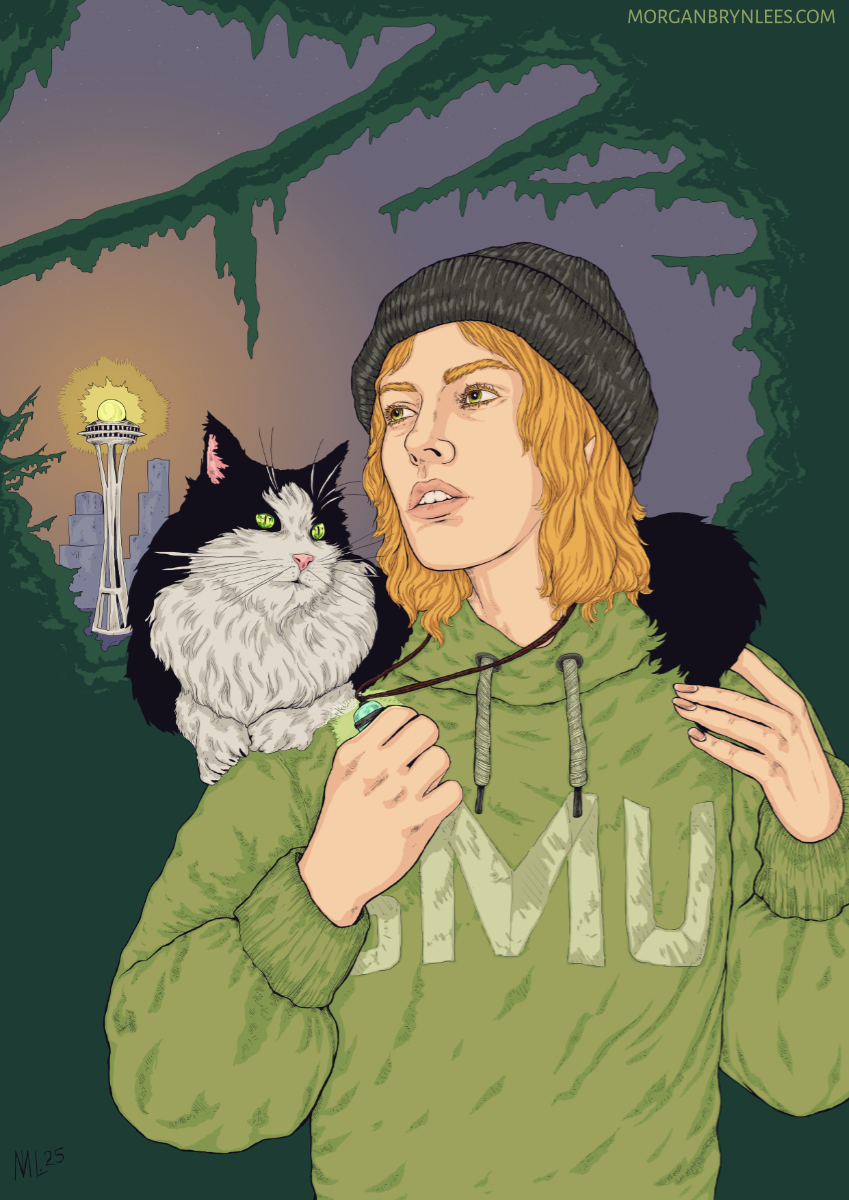 Verdant Shadows cover art A light-skinned, blond half-faerie in a beanie and green sweatshirt holds a glowing pendant in their left hand and a large black and white cat perches on their shoulder.