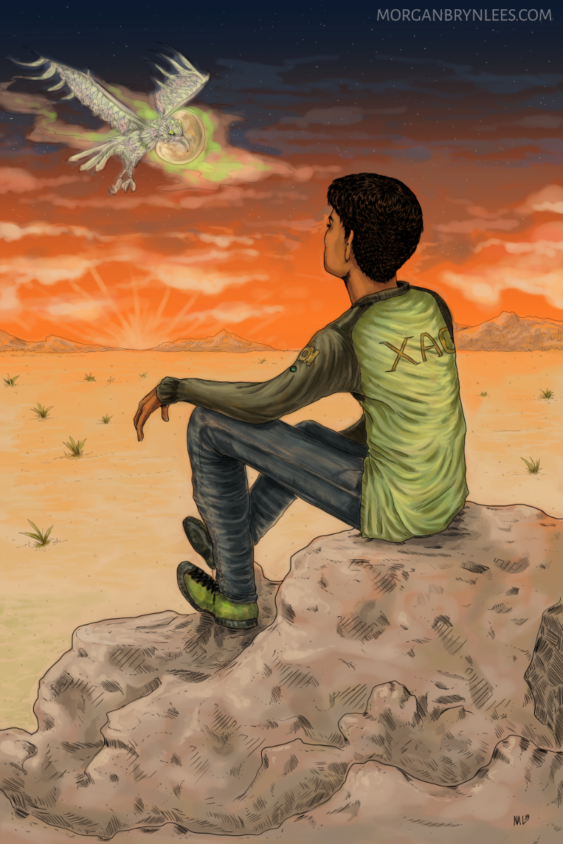 Watching Spirit A medium skinned man with short black hair wearing athletic clothing sits on a rock with a metallic eagle flying in the background.