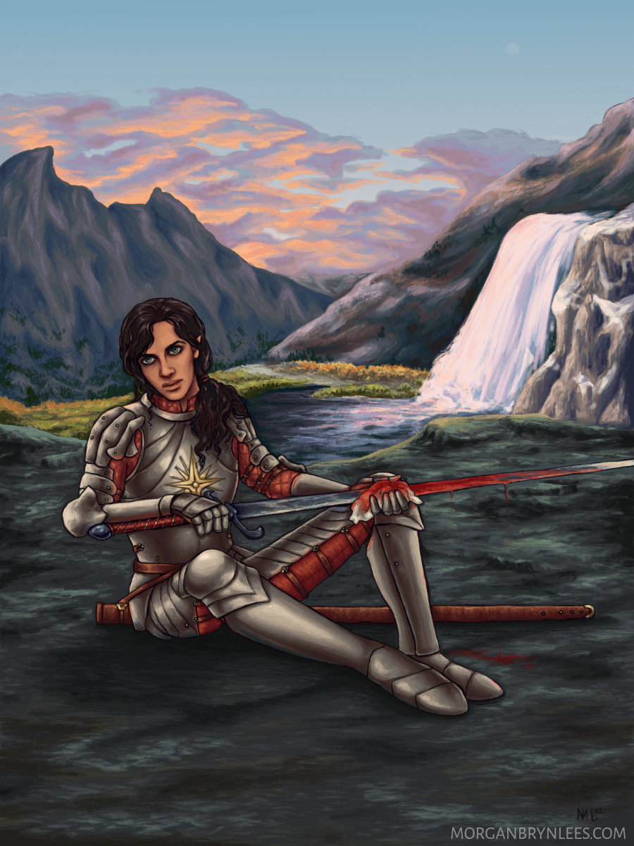 Winter Evening A light brown-skinned elf with tied black hair and grey eyes wearing plate armor is sharpening a sword in front of a mountain background.