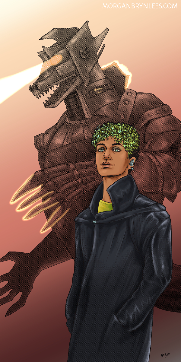 Xan Kontos A medium-skinned person with short curly green hair and brown eyes wearing a trenchcoat in front of their very Mechagodzilla-looking mech.