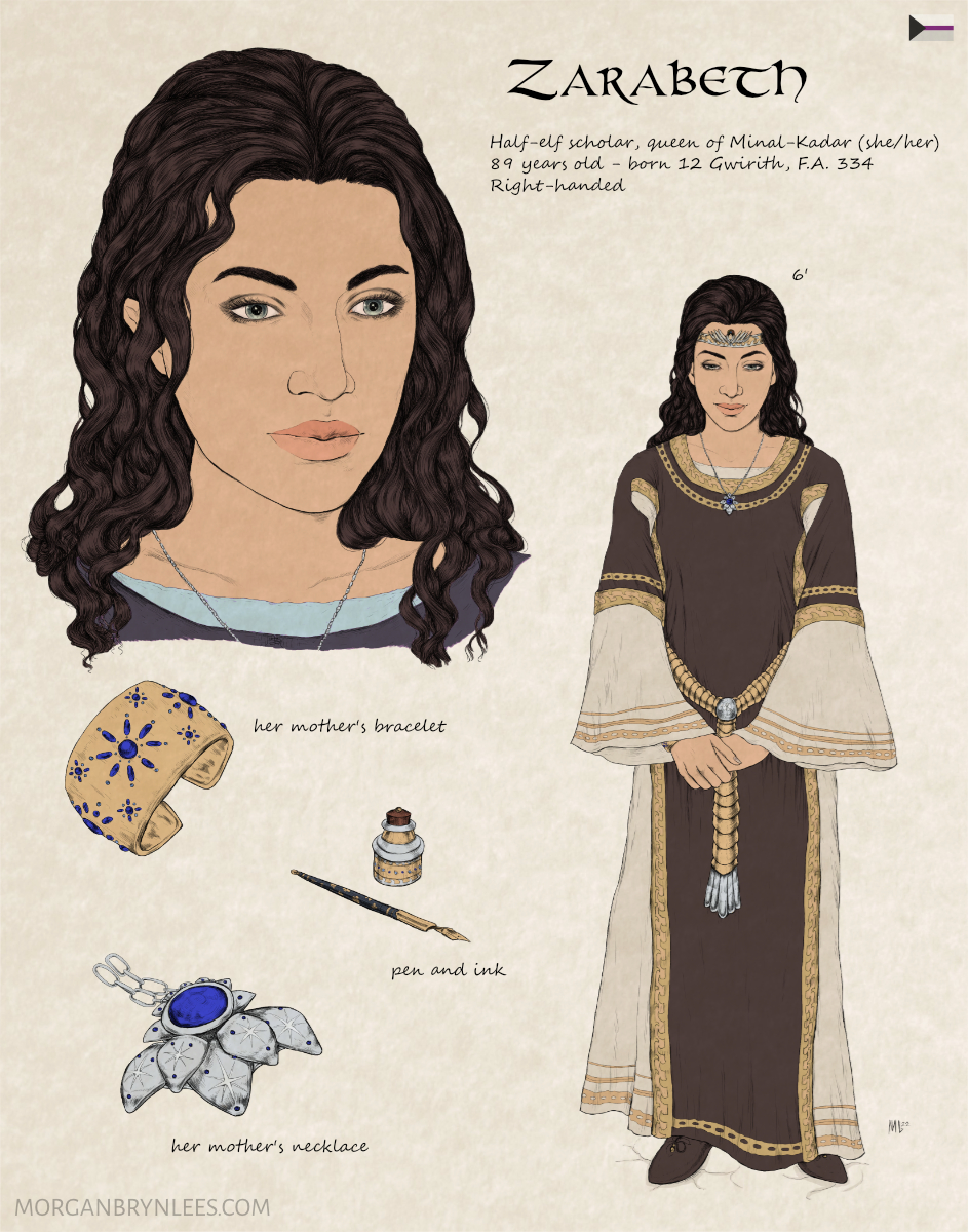 MERP Reference Sheet: Zarabeth A medium-skinned woman with long wavy black hair and grey eyes is depicted wearing a black-and-gold dress with a white underdress. An ink pen and ink well, gold bracelet set with sapphires, and silver brooch are highlighted also.
