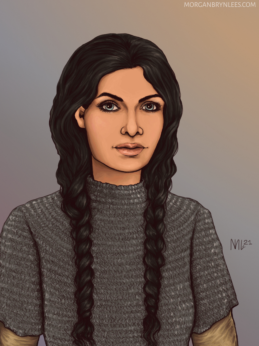 Portrait: Zarabeth A portrait of a medium skinned woman with long black hair worn in braids and grey eyes wearing a chain shirt.