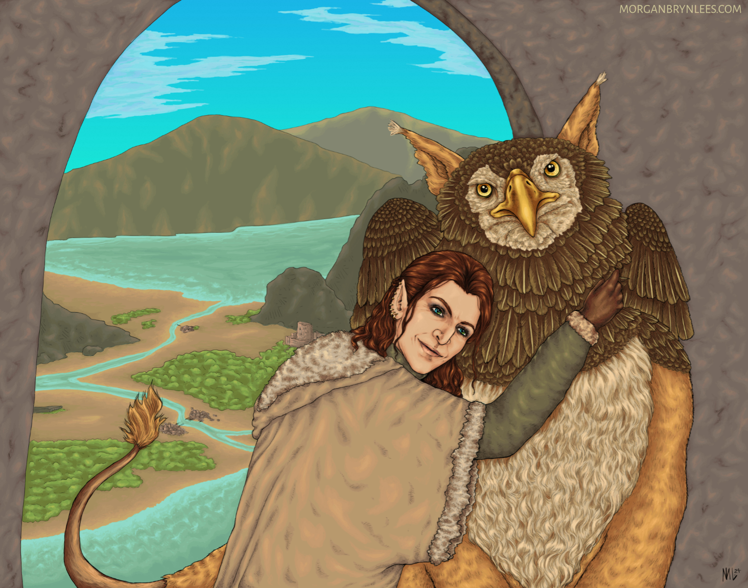 End of the Elder Gods: Zemariel Tabris A light-skinned elf with reddish brown hair and blue-green eyes, wearing a cloak, throws his arms around a griffon near a window.