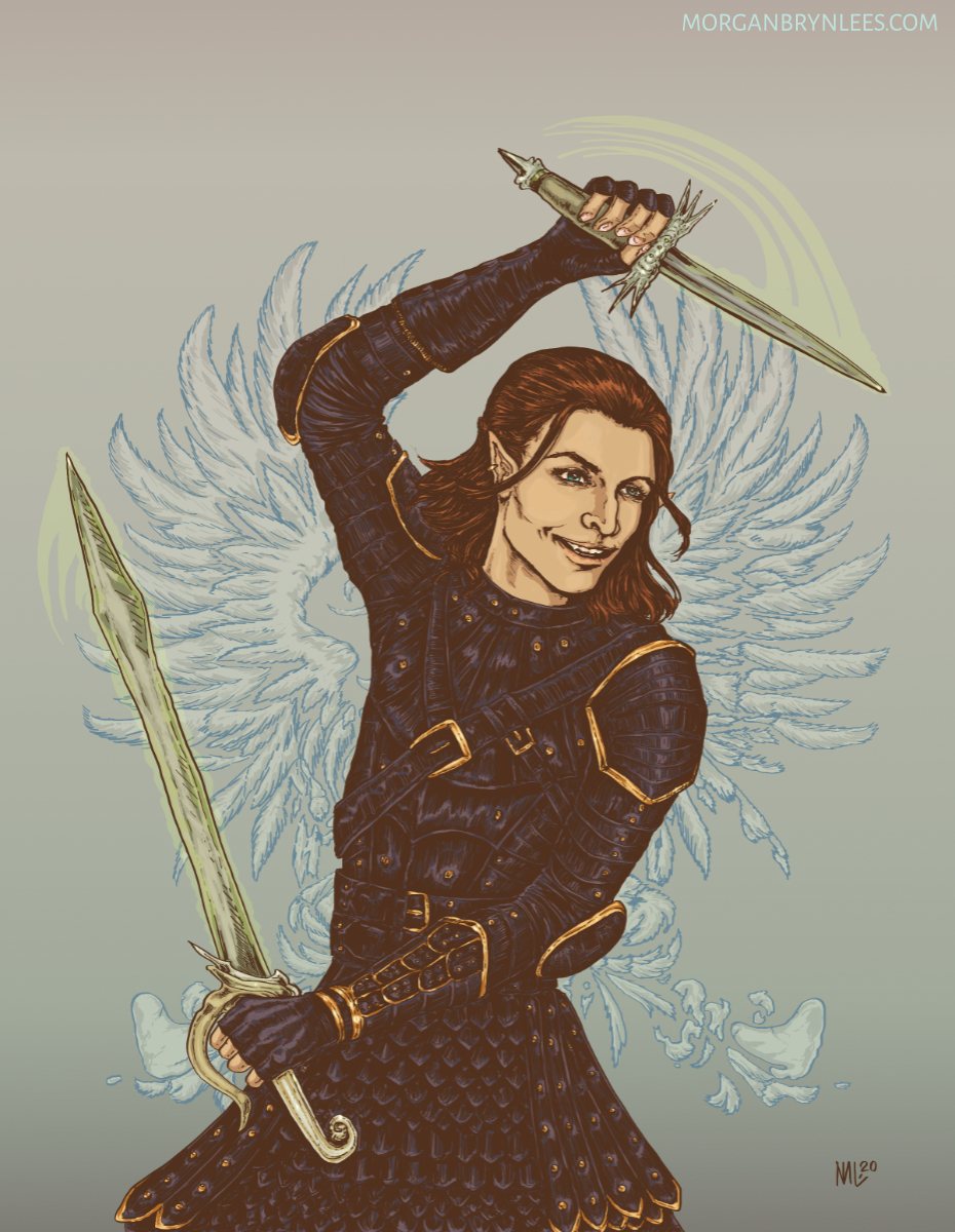Warden Commander A light-skinned elven man with reddish-brown shoulder length hair and blue-green eyes wearing black leather armor and dual-wielding a sword and knife, with the symbol of the Grey Wardens in the background.